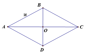 Cho hình thoi ABCD  có AB = 25cm, AC + BD = 70cm. Tính AC, BD? (ảnh 1)