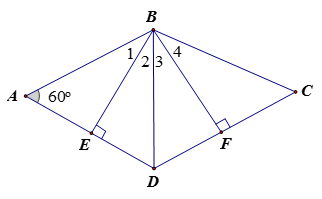 Cho hình thoi BCNE có góc A = 60 độ. Kẻ 2 đường cao BE và BF (E thuộc À, F thuộc DC).  1) Chứng minh: BE = BF. (ảnh 1)