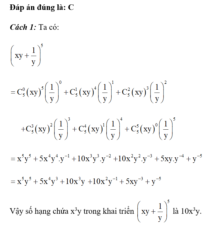 Số hạng chứa x^3y trong khai triển (xy+ 1/y)^5 là: (ảnh 1)