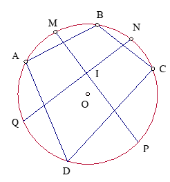 Cho tứ giác ABCD có bốn đỉnh thuộc đường tròn . Gọi M, N, P, Q  lần lượt là điểm chính giữa các cung AB, BC, CD, DA. (ảnh 1)