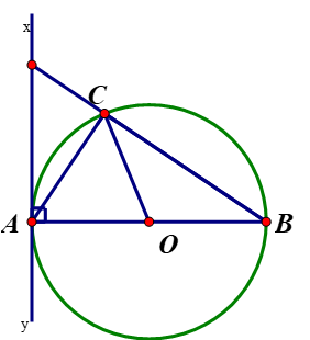 Cho hình vẽ, biết AB là đường kính của đường tròn (O), xy là tiếp tuyến của đường tròn tại A.  (ảnh 1)