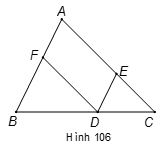 Cho tam giác ABC, D là điểm nằm giữa B và C. Qua D kẻ các đường thẳng song song với AB và AC  a) Tứ giác AEDF là hình gì? Vì sao? (ảnh 1)