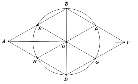 Cho hình thoi ABCD có góc A bằng  60 độ  , AB = a. Gọi E, F, G, H lần lượt là trung điểm của các cạnh AB, BC, CD, DA. (ảnh 1)