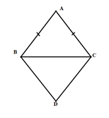 Cho tam giác ABC  cân tại A . Đường thẳng qua B  song song với AC  cắt đường thẳng qua C song song với AB  tại D. Chứng minh rằng tứ giác ABDC  là hình thoi. (ảnh 1)