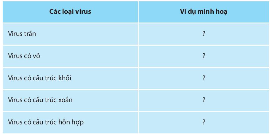 Tìm ví dụ minh họa cho các loại virus theo nội dung bảng sau (ảnh 1)