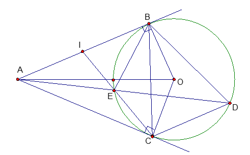 Cho đường tròn (O), từ một điểm A nằm ngoài đường tròn (O), vẽ hai tia tiếp tuyến  AB và AC (ảnh 1)