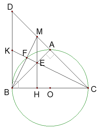 Cho tam giác ABC  vuông cân tại A, nội tiếp trong đường tròn tâm O. Tiếp tuyến tại  B với đường tròn (O) cắt tia CA tại D. (ảnh 1)