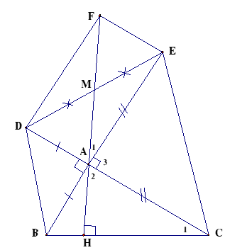 Cho tam giác  ABC có các góc B và C nhọn, đường cao AH  . Dựng ra phía ngoài tam giác ABC các tam giác vuông cân ABD, ACE (ảnh 1)