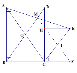 Cho hình chữ nhật ABCD có O là giao điểm 2 đường chéo. Điểm M  trên đoạn OB, lấy E đối xứng với A qua M; (ảnh 1)