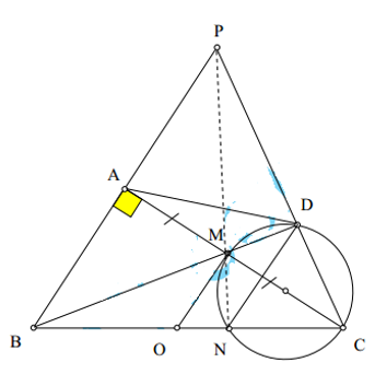 Cho tam giác ABC vuông tại A, M là trung điểm của cạnh AC. Đường tròn đường kính MC cắt BC tại N.  (ảnh 1)