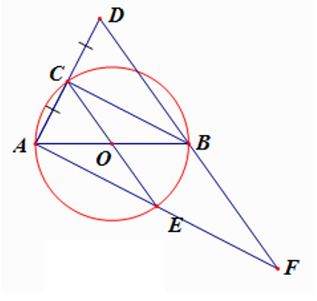 Cho tam giác vuông ABC nội tiếp đường tròn tâm O đường kính AB. Trên tia đối của tia CA lấy điểm D sao cho   CD = AC   (ảnh 1)