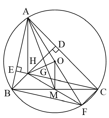Cho tam giác ABC nhọn nội tiếp đường tròn (O,R). Các đường cao BD và  CE của tam giác ABC cắt nhau tại H.  (ảnh 1)