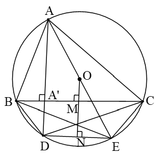 Cho tam giác  ABC có ba góc nhọn nội tiếp trong đường tròn (O,R)  . Đường cao AH của tam giác ABC (ảnh 1)