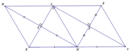 Cho tam giác ABC  vuông tại A , đường trung tuyến AM .  a) Xác định dạng của tứ giác AEMF, AMBH, AMCK. (ảnh 1)
