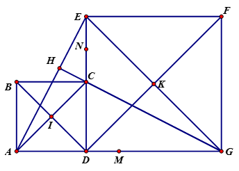 Cho đoạn thẳng AG và điểm D nằm giữa hai điểm A và G. a) Chứng minh: AE = CG và  AE vuông góc CG tại H. (ảnh 1)