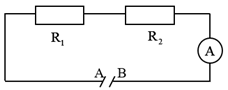 Hai điện trở R1, R2 và ampe kế được mắc nối tiếp vào đoạn mạch A, B như hình vẽ. Cho R1 = 5 Ω; R2 = 10 Ω (ảnh 1)