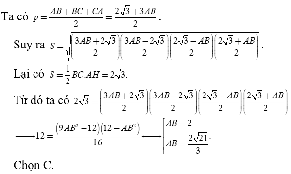 Tam giác ABC  có BC = 2 căn 3, AC = 2AB  và độ dài đường cao AH = 2. Tính độ dài cạnh AB (ảnh 1)