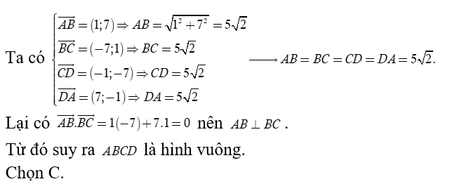 Trong mặt phẳng tọa độ Oxy  cho bốn điểm A( 7; -3), B( 8,4), C( 1,5)  và D(0; -2) . Khẳng định nào sau đây đúng (ảnh 1)