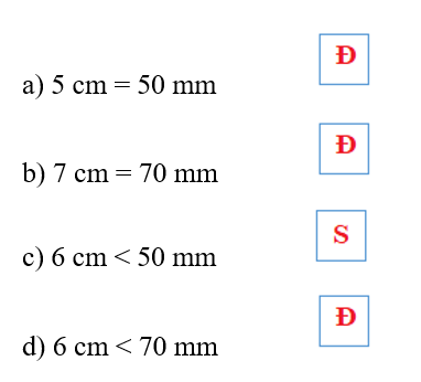 Đ, S?  a) 5 cm = 50 mm     b) 7 cm = 70 mm    c) 6 cm < 50 mm     d) 6 cm < 70 mm (ảnh 1)