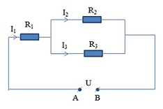Trong đó điện trở R1 = 14Ω, R2 = 8 Ω, R3 = 24 Ω. Dòng điện đi qua R1 có cường độ là I1 = 0,4A.  Tính điện trở tương đương của đoạn mạch trên? (ảnh 1)