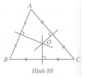 Trong một tam giác đường trung trực của mỗi ………….. được gọi là đường trung trực của tam giác đó (Hình 88).    (ảnh 1)