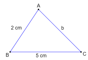 Tam giác ABC có AB = 2 cm, BC = 5 cm, AC = b (cm) với b là một số nguyên. Hỏi b có thể bằng bao nhiêu? (ảnh 1)