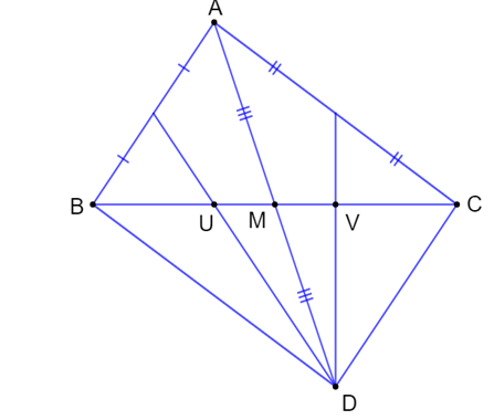 Gọi M là trung điểm của cạnh BC của tam giác ABC và D là điểm sao cho M là trung điểm của AD (ảnh 1)