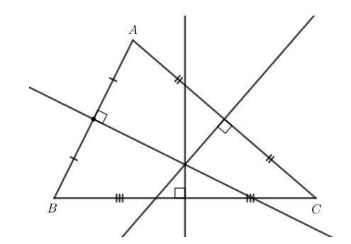 Vẽ tam giác ABC (không tù) và ba đường trung trực của các đoạn thẳng BC, CA, AB. (ảnh 1)