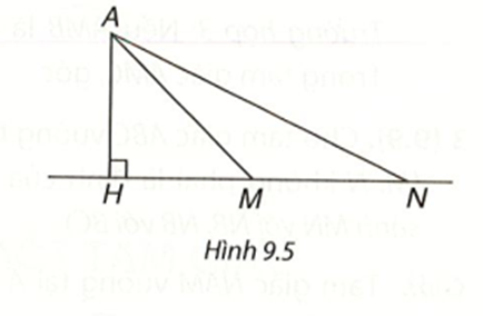Cho Hình 9.5, kết luận nào sau đây là đúng? A. AH = AM;  B. HM + MN > AN;  (ảnh 1)