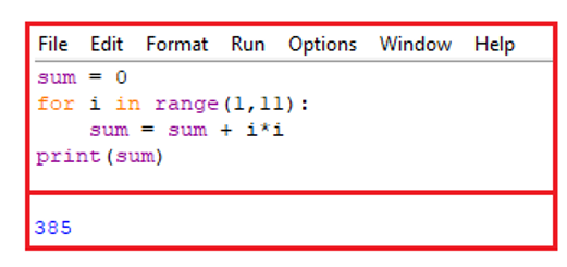 Cho đoạn chương trình sau:  sum=0  for i in range(1,11):  sum=sum+i*i  print(sum) (ảnh 1)