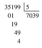 Kết quả của phép chia 35 199 : 5  là: A. 7 040 B. 7 039 (dư 4) (ảnh 1)