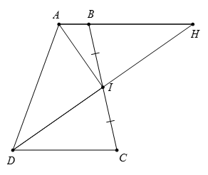 b) Cho AD = AB + CD . Chứng minh: phân giác của góc A  và  góc D cắt nhau tại điểm I  trên cạnh BC . (ảnh 1)