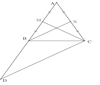 Cho tam giác ABC cân tại A, đường trung tuyến CM và BN. Trên tia đối của tia BA lấy điểm D sao cho BD = AB. Chứng minh CD = 2CM. (ảnh 1)