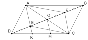 Cho hình bình hành ABCD, O là giao điểm của hai đường chéo, E và F theo thứ tự là trung điểm của OD  và OB   a) Chứng minh rằng AE // CF  (ảnh 1)