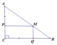 Cho tam giác ABC vuông cân tại C. Trên các cạnh AC, BC lần lượt lấy các điểm P, Q Chứng minh  PM = CQ. (ảnh 1)