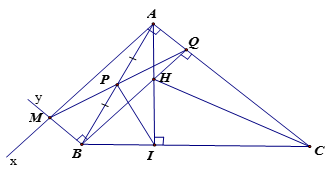 Cho tam giác ABC có đường cao AI. Từ A kẻ tia Ax vuông góc với AC,  a) Tứ giác AMBQ là hình gì? (ảnh 1)