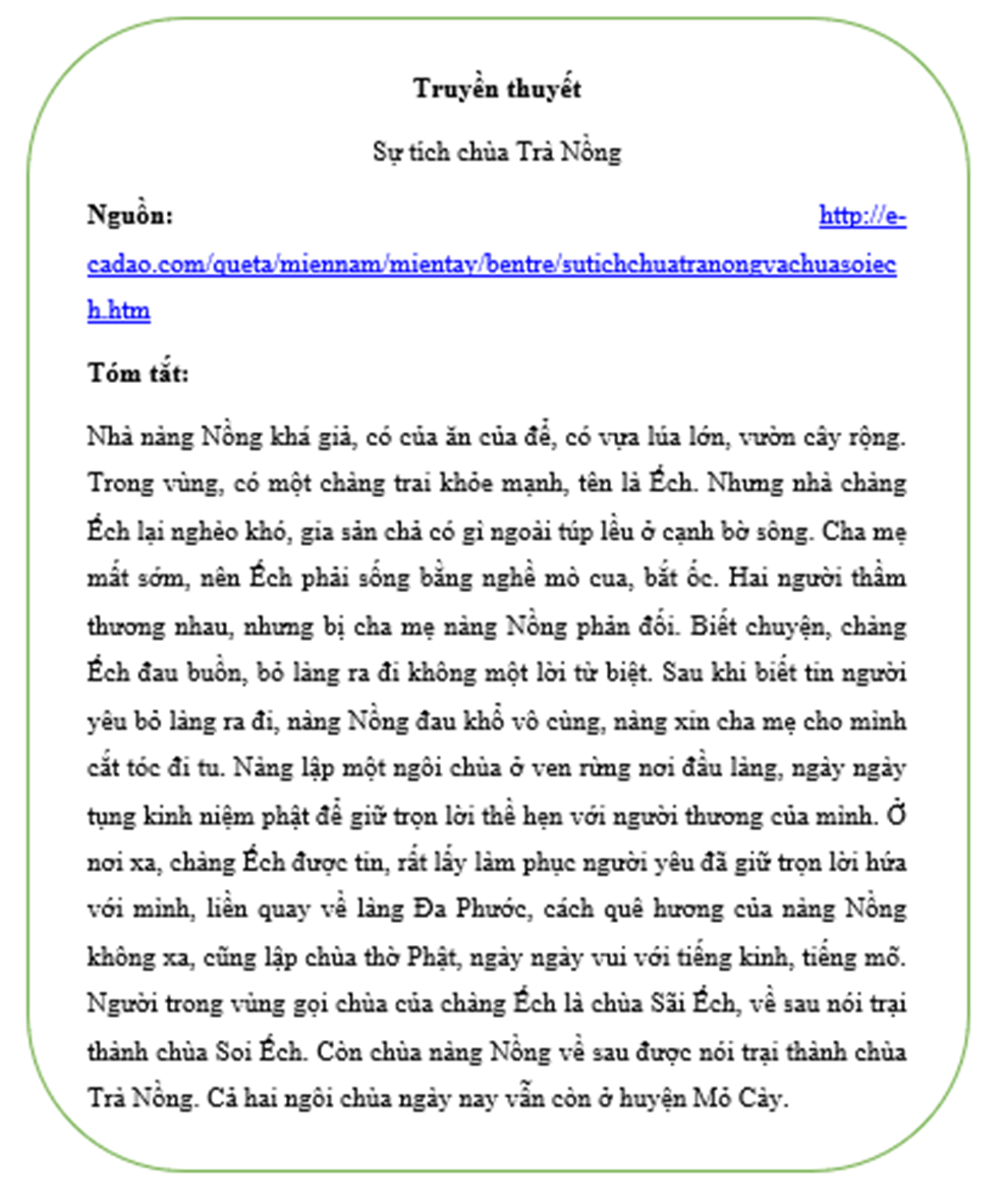 Tóm tắt ngắn gọn 1 truyền thuyết mà em đã đọc trên Internet hoặc tủ sách nhà trường (giải thích 1 địa danh ở địa phương của em) vào phiếu học tập sau: (ảnh 2)