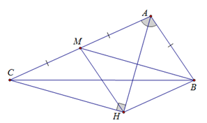 Cho tam giác ABC có AC = 2.AB, đường trung tuyến BM. Gọi H là chân đường vuông góc kẻ từ C đến tia phân giác của góc A.  (ảnh 1)