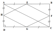 Cho hình chữ nhật ABCD . Gọi E, F, G, H  lần lượt là trung điểm của AB, BC, CD, DA. Chứng minh rằng tứ giác EFGH  là hình thoi. (ảnh 1)