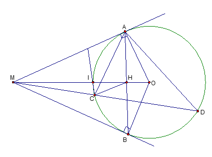 Cho điểm nằm ngoài đường tròn (O). Vẽ các tiếp tuyến MA , MB với đường tròn ( A, B là các tiếp điểm). (ảnh 1)