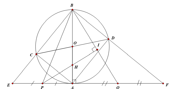 Cho đường tròn (O,R) và hai đường kính AB,CD bất kì. Tiếp tuyến tại A của đường tròn (O) cắt các đường thẳng BC và BD  (ảnh 1)
