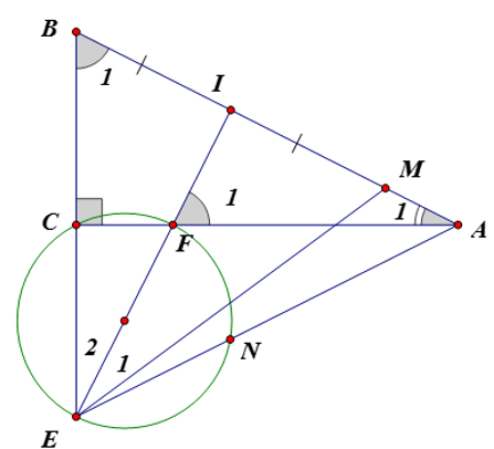 Cho tam giác ABC vuông tại C và BC < CA. Gọi I là điểm trên AB và IB < IA. Kẻ đường thẳng d đi qua I và vuông góc với AB. (ảnh 1)