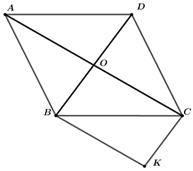 Cho hình thoi ABCD, O là trung điểm của hai đường chéo. Vẽ đường thẳng qua B song song với AC a) Tứ giác OBKC là hình gì? (ảnh 1)