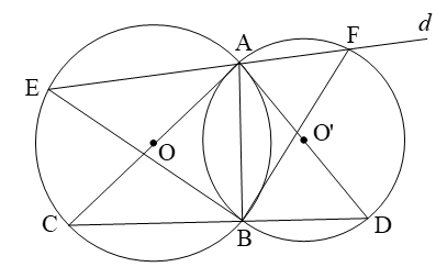 Cho hai đường tròn (O) và (O') cắt nhau tại A và B. Vẽ các đường kính AC và AD  a) Chứng minh rằng B,C,D thẳng hàng (ảnh 1)