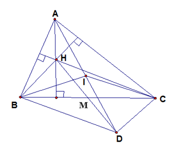 Cho tam giác nhọn ABC. Gọi H  là trực tâm của tam giác, M  là trung điểm của BC. Gọi D  là điểm đối xứng của H  qua M .  a. Chứng minh tứ giác BHCD  là hình bình hành. (ảnh 1)