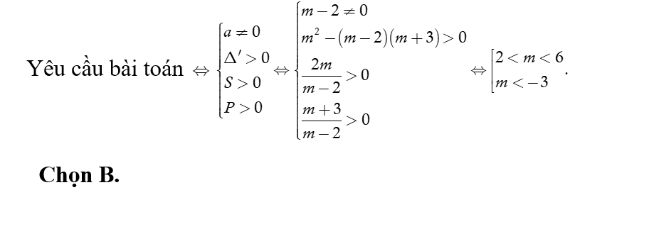 Tìm tất cả các giá trị thực của tham số m sao cho phương trình (m-2)x^2-2mx+m+3 =0 có hai nghiệm dương phân biệt. (ảnh 1)