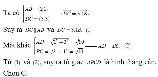 Trong mặt phẳng tọa độ Oxy  cho bốn điểm A( -1; 1), B( 0,2), C( 3, 1)  và D( 0, -2). Khẳng định nào sau đây là đúng (ảnh 1)