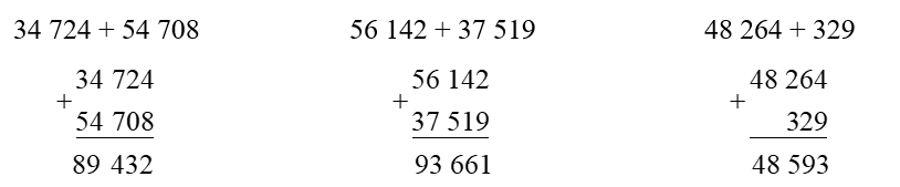 Đặt tính rồi tính 34 724 + 54 708 …………………56 142 + 37 519 …………………. 	48 264 + 329 ………………….  (ảnh 2)