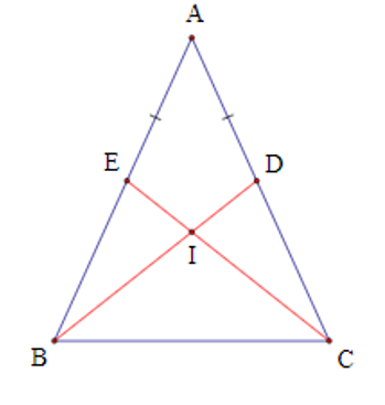 Cho tam giác ABC cân tại A. Lấy điểm D thuộc AC, E thuộc AB sao cho AD = AE. Gọi I là giao (ảnh 1)