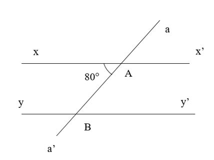 Cho hai đường thẳng xx’ và yy’ cắt đường thẳng aa’ tại A và B, biết (ảnh 1)